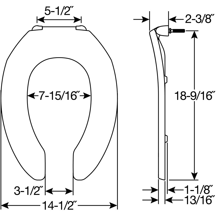 1955SSTFR Bemis Elongated Open Front Less Cover Commercial Plastic Toilet Seat in White with Stay·Tite® Commercial Fastening System™ Self-Sustaining Check Hinges, DuraGuard® and Firepro™