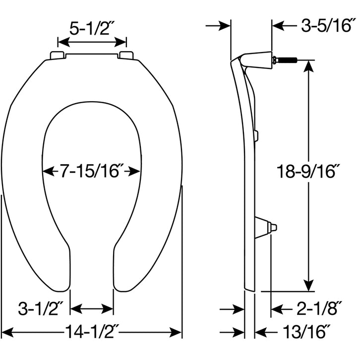 2L2155T Bemis Elongated Open Front Less Cover Medic-Aid® 2" Lift Plastic Toilet Seat in White with Stay·Tite® Commercial Seat Fastening System™, DuraGuard® and Super·Grip® Bumpers
