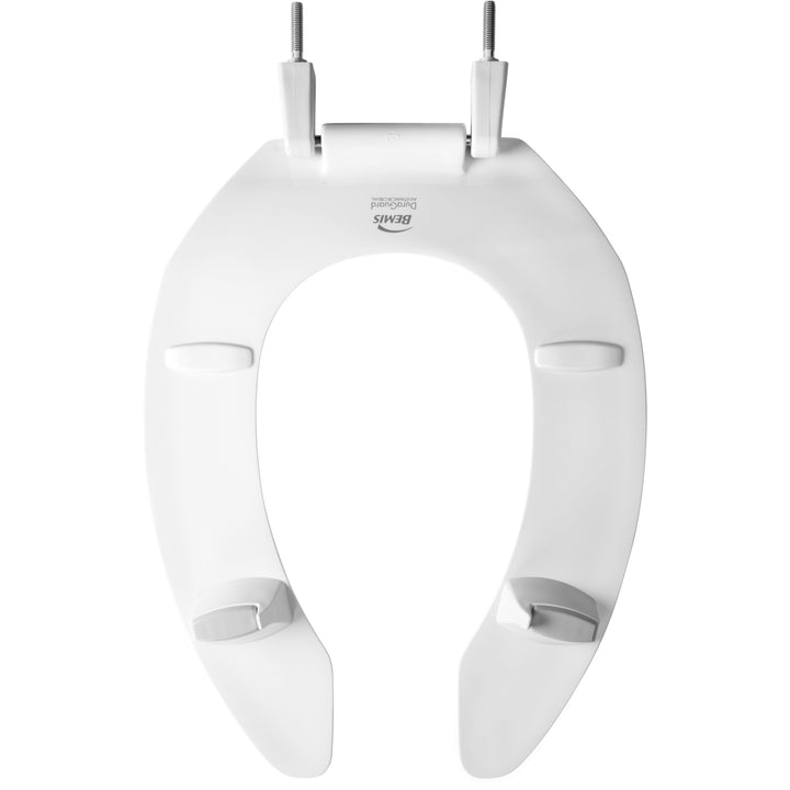 2L2155T Bemis Elongated Open Front Less Cover Medic-Aid® 2" Lift Plastic Toilet Seat in White with Stay·Tite® Commercial Seat Fastening System™, DuraGuard® and Super·Grip® Bumpers