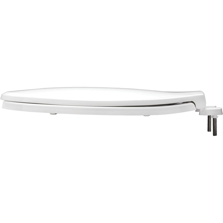 7650TDG Bemis Elongated Open Front With Cover Hospitality Plastic Toilet Seat in White with Stay·Tite® Commercial Fastening System™ and DuraGuard®