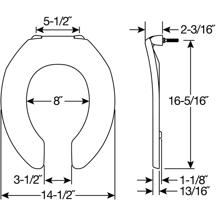 1955/955SSCT Bemis Open Front Less Cover Commercial Plastic Toilet Seat in White with Stay·Tite® Commercial Fastening System™ Self-Sustaining Check Hinge