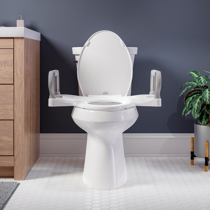 A8AS100 Bemis Independence Assist™ Standard Height Premium Toilet Seat with Support Arms Elongated/Round Plastic White Featuring Stay·Tite® Seat Fastening System™
