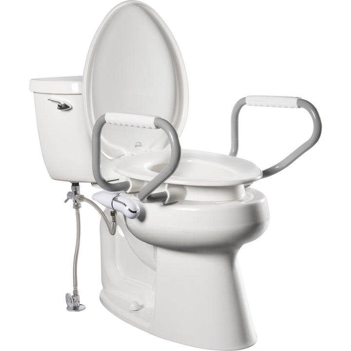 E/R85320H20 ARM Bemis Independence Assurance® with Clean·Shield™, Support Arms, and Personal Wash Bidet is a Plastic 3" Raised Toilet Seat Featuring Stay·Tite® Commercial Fastening System™ and Super·Grip® Bumpers
