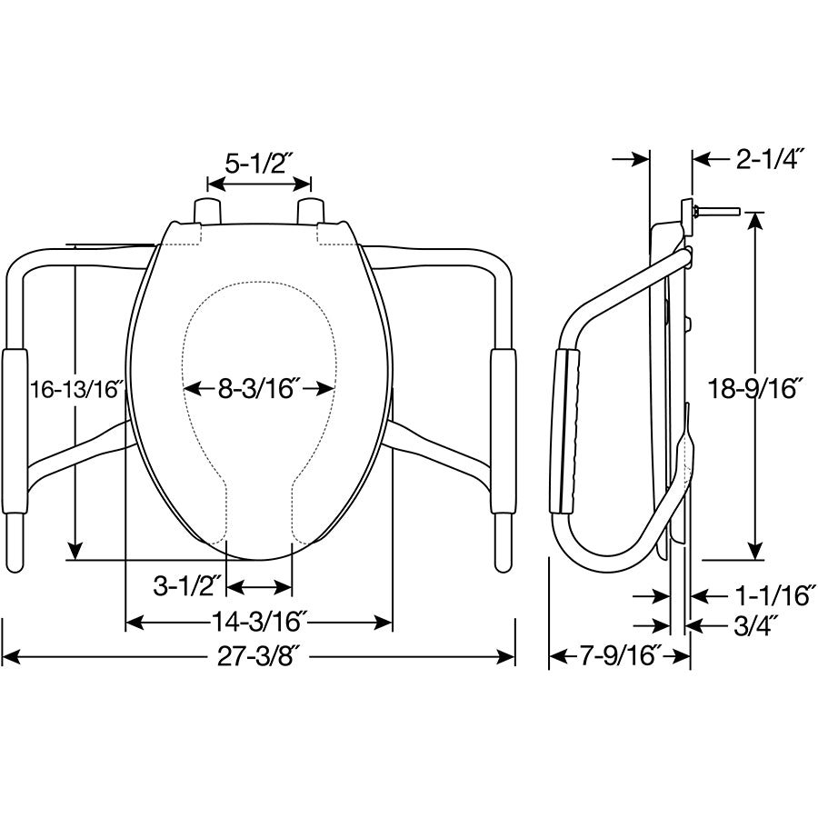 MA2150T Bemis Elongated Open Front Medic-Aid® Stainless Steel Safety Side Arms is a Plastic Toilet Seat in White Featuring Stay·Tite® Commercial Fastening System™ and DuraGuard®