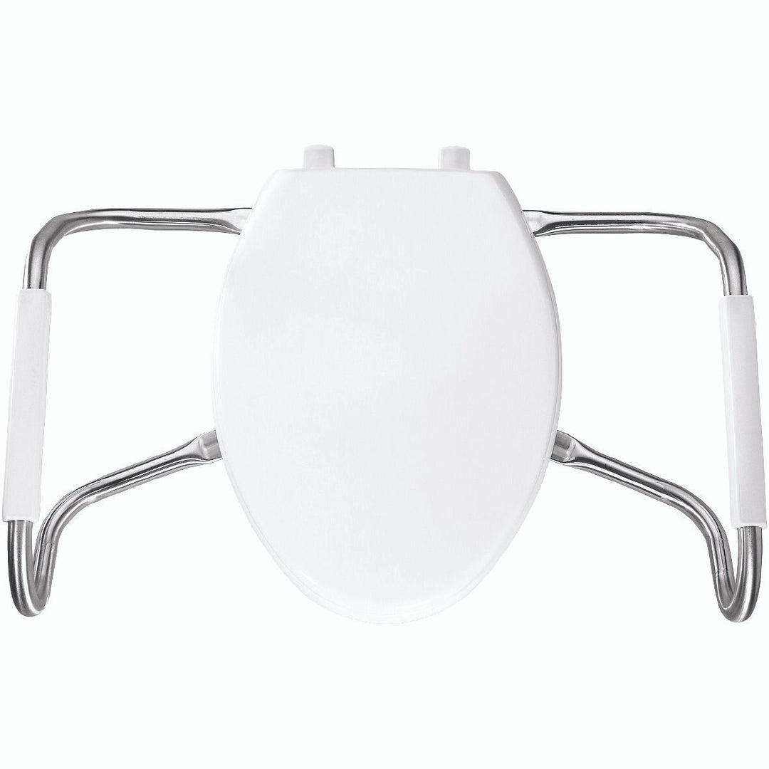 MA2150T Bemis Elongated Open Front Medic-Aid® Stainless Steel Safety Side Arms is a Plastic Toilet Seat in White Featuring Stay·Tite® Commercial Fastening System™ and DuraGuard®