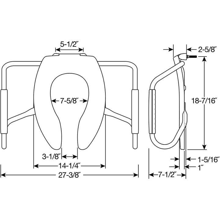 MA2155T Bemis Elongated Open Front Less Cover Medic-Aid® Stainless Steel Safety Side Arms is a Plastic Toilet Seat in White with Stay·Tite® Commercial Fastening System™ and DuraGuard®