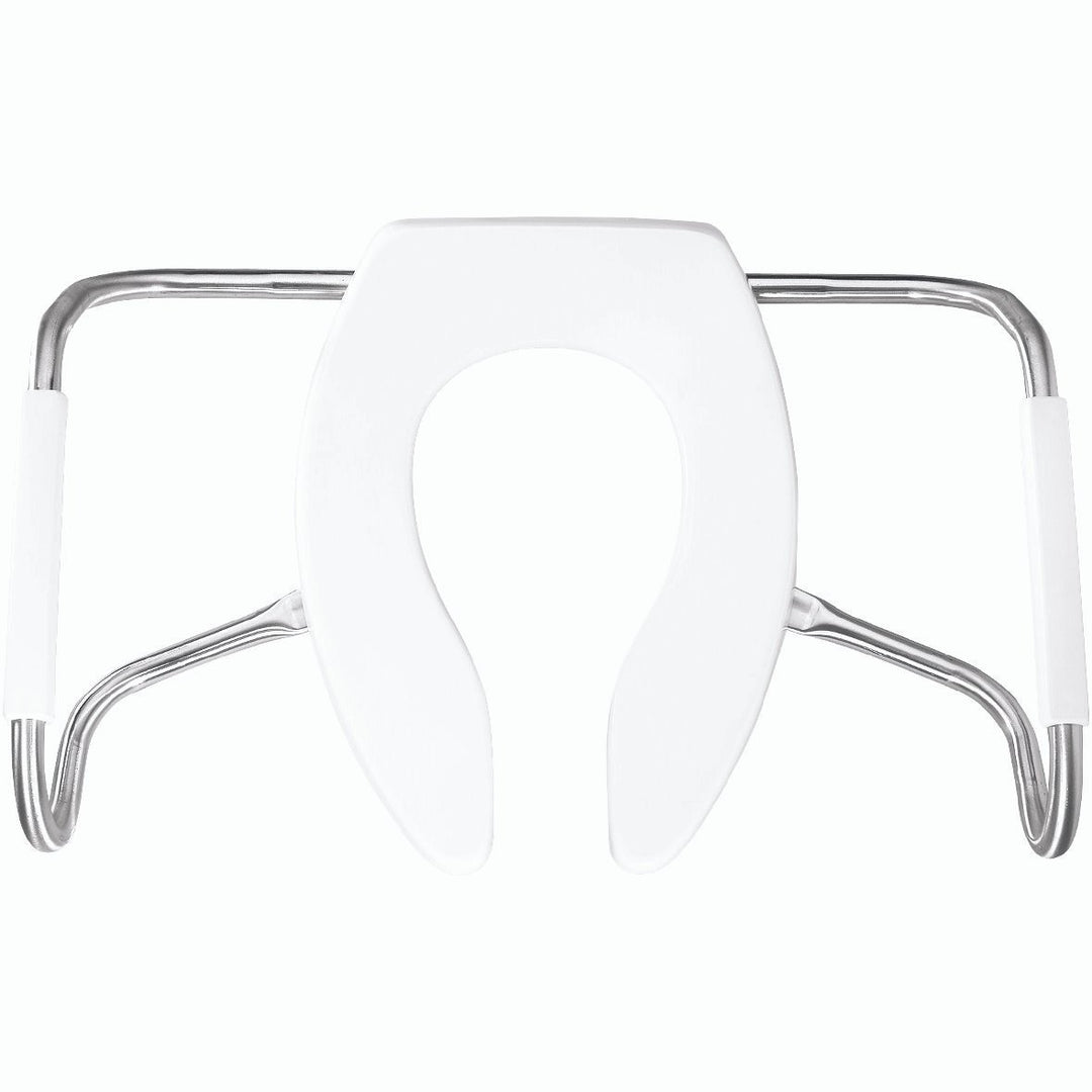MA2155T Bemis Elongated Open Front Less Cover Medic-Aid® Stainless Steel Safety Side Arms is a Plastic Toilet Seat in White with Stay·Tite® Commercial Fastening System™ and DuraGuard®