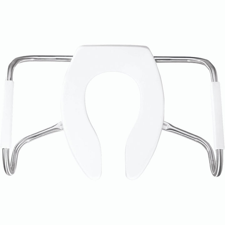MA2155T Bemis Elongated Open Front Less Cover Medic-Aid® Stainless Steel Safety Side Arms is a Plastic Toilet Seat in White with Stay·Tite® Commercial Fastening System™ and DuraGuard®