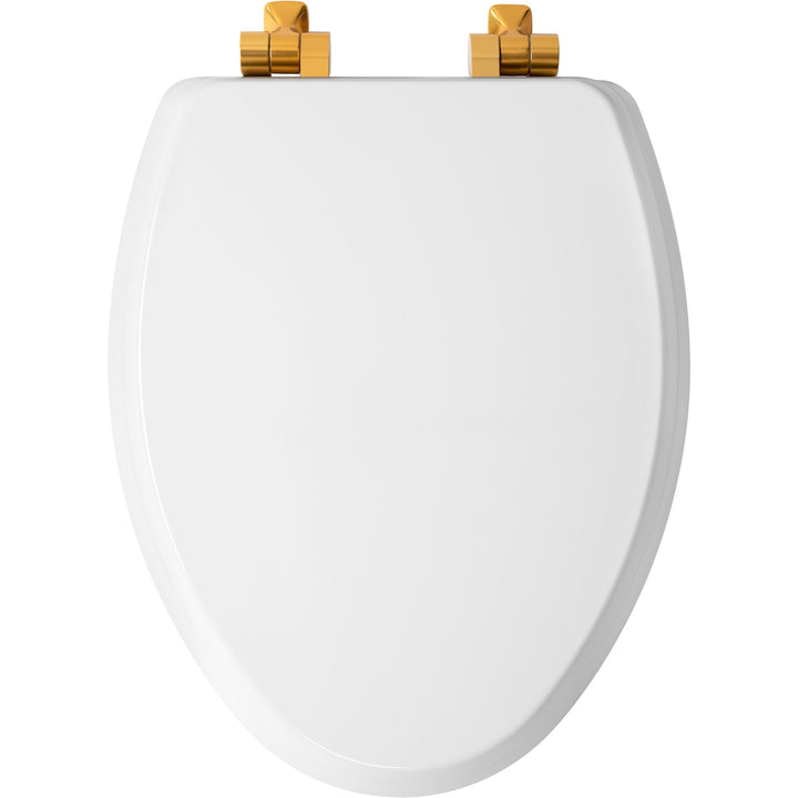 1826/826BGSL Mayfair by Bemis Benton® Enameled Wood Toilet Seat in White with Brushed Gold Hinges Featuring Stay·Tite® Seat Fastening System™ and Whisper·Close®
