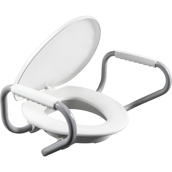 E/R85320H20 ARM Bemis Independence Assurance® with Clean·Shield™, Support Arms, and Personal Wash Bidet is a Plastic 3" Raised Toilet Seat Featuring Stay·Tite® Commercial Fastening System™ and Super·Grip® Bumpers